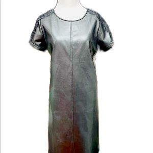 Anne Klein Soft Vegan Leather Short Lace Sleeve Little Black Sheath Sz 10Dress s